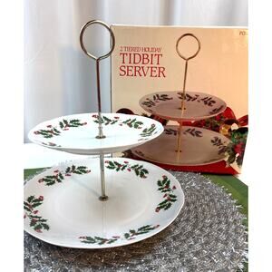 Vintage Christmas Holly 2-Tier Serving Tray Holiday Entertaining 1980s/1990s